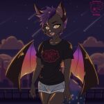 absurd_res anthro bat bottomwear clothing hair hazbin_hotel hi_res katciao male male/male mammal nightsky rooftop shooting_star short_hair short_stack shorts solmyriad solo sparkles sunset wings