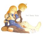  1boy 1girl agrias_oaks ahoge arm_armor armor blonde_hair braid brown_footwear brown_pants candle closed_eyes copyright_name couple final_fantasy final_fantasy_tactics full_body hand_on_own_head hetero knee_pads looking_ahead mochi-and-mochi on_floor pants ramza_beoulve shoulder_armor shoulder_spikes single_braid sitting spiked_footwear spikes white_background white_footwear 