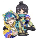  2girls animal_ear_headphones animal_ears animification apex_legends arm_around_shoulder black_hair blue_bodysuit blue_hat bodysuit brown_eyes cat_ear_headphones depths_of_the_void_wraith fake_animal_ears glasses gloves grey_eyes grey_hair hair_bun headphones holding holding_knife jacket knife kunai looking_down mask midriff mouth_mask multiple_girls navel official_alternate_costume purple_gloves purple_lips riku_(ururi7610) scar scar_on_stomach shirt short_hair single_hair_bun smile surprised thunder_kitty_wattson upper_body visor_cap wattson_(apex_legends) weapon white_background white_shirt wraith&#039;s_kunai wraith_(apex_legends) yellow_jacket 