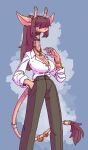  absurd_res anthro bailey_(meltymoth) big_breasts black_bottomwear black_clothing black_pants bottomwear breasts brown_hair clothing female giraffe giraffid hair hi_res jewelry mammal meltymoth pants shirt simple_background solo topwear white_clothing white_shirt white_topwear 