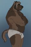 anthro brown_body bulge clothing crossed_arms deadlaws fur gnollplaying_games green_eyes gulonine hi_res horrorbuns lynn_grayson_(deadlaws) male mammal musclegut muscular muscular_male mustelid musteline scar side_view simple_background snaggle_tooth solo tail underwear wolverine