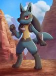 2021 ambiguous_gender anthro blue_sky bokurei canid canine chest_spike cloud day detailed_background digitigrade featureless_crotch fist front_view frown full-length_portrait fur generation_4_pokemon hand_spike hi_res looking_at_viewer lucario mammal mountain nintendo nude outside pokemon pokemon_(species) portrait pose red_eyes serious shadow sky solo spikes spikes_(anatomy) standing tan_body tan_fur valley