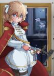  1girl absurdres blonde_hair blue_eyes bow cape cowboy_shot dress girls&#039;_frontline gun highres holding holding_gun holding_weapon legendkdt looking_at_viewer red_cape solo weapon webley_(girls&#039;_frontline) white_bow white_dress 