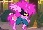 2_horns 2_toes abs alien ambiguous_gender anthro bottomwear cartoon_network claws clothing crop_top denim denim_bottomwear denim_clothing fan_character feet fusion gem gem_(species) gem_fusion glowing hair hi_res horn jacket jasper_(steven_universe) jeans muscular muscular_anthro pants peach_quartz_(thediamond637) pink_body pink_hair ponytail shirt smile solo steven_quartz_universe steven_universe thediamond637 toes topwear