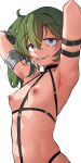  1girl absurdres arm_strap armlet armpits arms_behind_head black_choker breasts choker commentary english_commentary green_hair grin highres jitome long_hair looking_at_viewer madaotheory navel nipples o-ring o-ring_choker parted_lips presenting_armpit purple_eyes ribs side_ponytail small_breasts smile solo sousou_no_frieren sweat ubel_(sousou_no_frieren) 