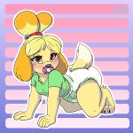 abstract_background accessory animal_crossing bell blush canid canine canis clothed clothing crawling diaper domestic_dog female hair_accessory hairband hi_res isabelle_(animal_crossing) mammal nintendo pacifier shirt smile stargal_galexi t-shirt topwear wearing_diaper