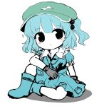  blue_footwear blue_hair boots flat_cap frilled_shirt_collar frills green_hat hat highres kawashiro_nitori key light_blush looking_at_viewer notice_lines partially_colored pocket rei_(tonbo0430) rubber_boots short_hair short_sleeves skirt skirt_set solo tagme touhou white_background wrench 