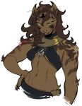  1girl animal_ears breasts brown_fur fangs final_fantasy final_fantasy_xiv furry green_eyes hand_on_own_hip hrothgar lion_ears lion_girl looking_at_viewer navel solo stomach striped_fur tongue tongue_out upper_body warrior_of_light_(ff14) zambiie 
