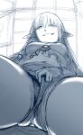  1girl absurdres breasts elf female_pubic_hair from_below hews highres long_hair looking_at_viewer monochrome navel pointy_ears presenting pubic_hair pussy serie_(sousou_no_frieren) sketch smile solo sousou_no_frieren stomach tagme thighs very_long_hair 