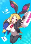 1girl aged_up animal_ears blonde_hair breasts cleavage cropped_jacket demon_girl disgaea disgaea_rpg fingerless_gloves gloves gun high_heels highres holding holding_gun holding_weapon jacket leotard makai_senki_disgaea makai_senki_disgaea_5 necktie open_clothes open_jacket open_mouth prinny rabbit_earmuffs rabbit_ears red_eyes short_hair sphere_stone thick_eyebrows usalia_(disgaea) weapon white_leotard 