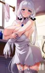  1girl absurdres azur_lane blue_eyes blurry blurry_background blush breasts cleavage commentary_request commission cowboy_shot dress garter_straps gloves hair_ornament highres holding holding_jewelry holding_necklace illustrious_(azur_lane) indoors jewelry large_breasts long_hair mole mole_under_eye necklace parted_lips pixiv_commission removing_glove solo thighhighs twintails unworn_gloves wee_(weeyy) wet white_dress white_garter_straps white_gloves white_hair white_thighhighs 