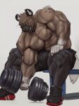 2024 abs absurd_res aggretsuko anthro areola barazoku bench bent_over biceps big_bulge big_muscles bodily_fluids bottomwear bulge claws clothed clothing deltoids dumbbell exercise eyebrows footwear fur grey_background haida_(aggretsuko) hi_res holding_object huge_muscles hyena male mammal manly muscular muscular_anthro muscular_male narrowed_eyes nipples oldshep one_eye_closed pants pecs sanrio shadow shoes signature simple_background sitting socks solo spotted_hyena sweat thick_thighs tight_bottomwear tight_clothing tight_pants topless topless_anthro topless_male triceps tuft vein veiny_muscles weight_bench weightlifting weights workout