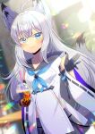  1girl ahoge animal_ear_fluff animal_ears azur_lane black_gloves blue_eyes blue_neckerchief blurry blurry_background bubble_tea closed_mouth commentary_request commission cup depth_of_field detached_sleeves disposable_cup drinking_straw dutch_angle glint gloves grey_hair grey_skirt hair_between_eyes holding holding_cup jewelry kawakaze_(kancolle) kou_hiyoyo long_hair long_sleeves looking_at_viewer neckerchief pleated_skirt ribbon-trimmed_sleeves ribbon_trim ring skeb_commission skirt smile solo tail very_long_hair white_sleeves wide_sleeves 