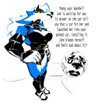 2023 absurd_res android anthro blue_body breasts canid canine canis cleavage clothed clothing english_text female fisheye_lens hands_on_hips hi_res humor kaita_(the-hydroxian) machine mammal metallic_body robot solo text the-hydroxian wolf yellow_sclera