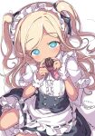  1girl alternate_costume apron aqua_eyes black_dress blonde_hair blush character_name chocolate covering_own_mouth dark_skin dot_nose dress enmaided eyelashes flat_chest food frilled_apron frilled_dress frills holding holding_chocolate holding_food idolmaster idolmaster_cinderella_girls kuresuku_(lessons) layla_(idolmaster) long_hair looking_at_viewer maid maid_apron maid_headdress parted_bangs puffy_short_sleeves puffy_sleeves short_sleeves sidelocks sitting solo twintails wavy_hair white_wrist_cuffs wrist_cuffs yokozuwari 