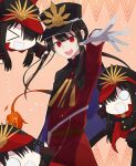  1boy :d black_cape black_hair black_hat cape chibi coat commentary_request fate/grand_order fate_(series) gloves hand_up highres kokiya long_sleeves looking_at_viewer mini_nobu_(fate) oda_nobukatsu_(fate) oda_uri open_mouth orange_background red_coat red_eyes simple_background smile solo_focus teeth upper_body upper_teeth_only white_gloves 