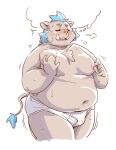 2024 anthro belly big_belly blush bodily_fluids bulge clothing ganglie_(tas) genital_fluids kemono lifewonders male mammal moobs navel nipples overweight overweight_male precum simple_background solo suid suina sus_(pig) takagi_kyou tokyo_afterschool_summoners underwear white_background wild_boar