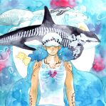  1boy absurdres arm_tattoo bear bird blue_cape cape chest_tattoo closed_eyes earrings fish heart highres jewelry narwhal one_piece orca painting_(medium) penguin ribs shirt shoulder_tattoo sleeveless sleeveless_shirt sorahachi111 tattoo traditional_media trafalgar_law underwater upper_body watercolor_(medium) white_shirt x-ray 