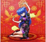  1girl black_dress blue_hair breasts china_dress chinese_clothes cleavage_cutout clothing_cutout double_bun dress floral_print floral_print_dress hair_bun hair_ornament hands_up kneeling long_hair looking_to_the_side medium_breasts phoenix_print pink_eyes ranma_1/2 red_background shampoo_(ranma_1/2) side_slit sidelocks signature wanta_(futoshi) 