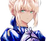  1girl armor artoria_pendragon_(fate) blonde_hair blue_dress blue_ribbon braid breastplate closed_mouth dress fate/stay_night fate_(series) green_eyes hair_ribbon highres looking_at_viewer portrait ribbon saber_(fate) short_hair sidelocks simple_background sodamachi solo twitter_username white_background 