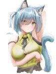  1girl animal_ear_fluff arknights armpits black_bra blue_fur blue_hair blush bra breasts cat_girl cat_tail commentary_request cropped_torso dated delphine_(arknights) green_shirt highres large_breasts looking_at_viewer monochrome shirt simple_background sleeveless sleeveless_shirt solo tail underwear white_background yellow_eyes yukinoshiro 