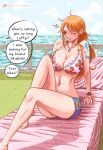  1girl a_mimishi alternate_costume bikini blue_shorts blue_sky blush bra bracelet breasts cleavage deck_chair english_text floral_print gold_bracelet grass highres jewelry large_breasts long_hair nami_(one_piece) navel necklace ocean one_eye_closed one_piece orange_eyes orange_hair outdoors patreon_logo patreon_username print_bra short_shorts shorts shoulder_tattoo sitting sky solo speech_bubble swimsuit tattoo underwear water web_address white_bra 