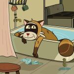 2024 anthro bathing bathtub biped brown_body detailed_background fictionist12 hi_res male mammal procyonid raccoon rascal_(robot_dreams) robot_dreams slightly_chubby smile solo water