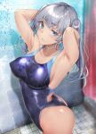  1girl armpits arms_behind_head ass bathroom blue_eyes blue_one-piece_swimsuit blush breasts collarbone commentary_request competition_swimsuit covered_nipples from_side gentsuki grey_hair highres kimi_omou_koi kuroe_(kimi_omou_koi) large_breasts looking_at_viewer looking_to_the_side one-piece_swimsuit shiny_swimsuit shower_(place) shower_curtain showering solo swimsuit tan tile_wall tiles twintails water_drop wet 