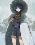 1boy armor blue_hair blurry blurry_background coat coat_on_shoulders fur-trimmed_coat fur_trim genshin_impact hand_on_own_hip highres hood hood_up hooded_coat japanese_armor japanese_clothes kote kurokote looking_at_viewer male_focus outdoors parted_lips scaramouche_(genshin_impact) snow snowing solo standing zxrrops9s23d7na 