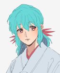  1girl aqua_hair bow chidentsurusai close-up commentary hair_bow japanese_clothes kimono looking_to_the_side pink_eyes ponytail sidelocks simple_background solo upper_body white_background white_kimono yu_yu_hakusho yukina_(yu_yu_hakusho) 