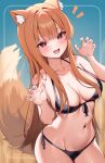  1girl animal_ears bikini black_bikini blush breasts brown_hair fang front-tie_bikini_top front-tie_top highres holo kaptivate large_breasts long_hair looking_at_viewer navel red_eyes side-tie_bikini_bottom smile solo spice_and_wolf swimsuit tail wolf_ears wolf_girl wolf_tail 