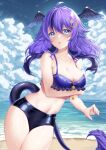  1girl :o absurdres ahoge arm_under_breasts beach bikini blue_eyes blush breasts crescent crescent_hair_ornament crymsie day hair_ornament head_wings highres indie_virtual_youtuber kin_(vtuber) long_hair looking_at_viewer medium_breasts navel outdoors purple_hair second-party_source solo star_(symbol) star_hair_ornament swimsuit tail virtual_youtuber water wet wings 
