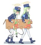  2girls :d blue_archive blue_jacket boots box cardboard_box cardboard_costume carrying curly_hair demon_girl demon_tail embarrassed facing_viewer from_side full_body grey_hair hair_between_eyes halo happy hat highres hikari_(blue_archive) jacket leaning_forward long_hair looking_down looking_to_the_side multiple_girls nozomi_(blue_archive) orange_eyes pantyhose playing police_riot_(artist) siblings sisters smile tail tail_around_own_leg tape train twins twintails very_long_hair walking yellow_eyes yellow_halo 