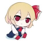  ascot black_skirt black_vest blonde_hair bow chibi collared_shirt fumo_(doll) hair_bow hair_ornament light_blush looking_at_viewer on_ground red_ascot red_bow red_eyes rei_(tonbo0430) rumia shirt short_hair skirt skirt_set smile solo tagme touhou vest white_background white_shirt 