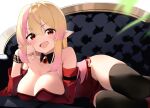  1girl absurdres black_thighhighs blonde_hair blush breasts character_request cleavage collarbone couch dress highres large_breasts long_hair looking_at_viewer lying multicolored_hair on_side open_mouth red_dress red_eyes solo thighhighs thighs two-tone_hair yuyuripo 