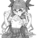  1girl bow breasts clothes_lift double_v glasses hair_bow long_hair looking_at_viewer monochrome multiple_hair_bows nipples ohdo_yuamu pleated_skirt school_uniform serafuku shirt_lift simple_background skirt small_breasts smile v white_background yu-gi-oh! yu-gi-oh!_go_rush!! yuzutaroman 