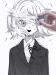  1girl 1other ambiguous_gender bad_id bad_twitter_id blazer collared_shirt crying crying_with_eyes_open dress_shirt eraser eraser_dust erasing floating_hair highres inactive_account jacket lapels neck_ribbon nemui_(nr4jk) open_mouth original out_of_frame partially_colored ribbon sad_smile shirt short_hair simple_background tears upper_body white_background 