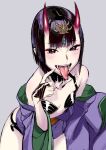  1girl bare_shoulders black_eyes black_hair blush breasts fangs fate/grand_order fate_(series) grey_background headpiece horns japanese_clothes kimono long_tongue looking_at_viewer oni open_clothes open_kimono purple_kimono revealing_clothes short_hair shuten_douji_(fate) simple_background skin-covered_horns small_breasts smile solo takuan_(takuanlunch) teeth tongue tongue_out 