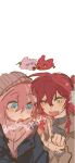  2girls animalization beanie blush bocchi_the_rock! brown_coat character_name coat drawing_on_fourth_wall earmuffs gotoh_hitori green_eyes hat highres kita_ikuyo lingyi long_hair long_sleeves multiple_girls one_side_up open_mouth pink_hair pink_scarf red_hair scarf simple_background smile upper_body white_background winter_clothes yuri 