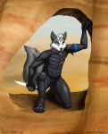 anthro arctic_fox bandage bandaged_arm black_clothing black_suit blue_eyes canid canine clothing combat_knife crysknife desert dune_(series) dunes fox fur hi_res holding_knife holding_object holding_weapon kneeling_on_one_leg knife male mammal pacato rock_formation solo squeakie stillsuit suit true_fox watermark weapon white_body white_fur