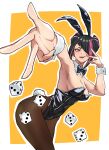  1girl absurdres animal_ears ap_cammy armpits black_hair black_leotard black_pantyhose breasts commentary commentary_request cowboy_shot detached_collar dice fake_animal_ears fake_tail hair_over_one_eye han_juri highres inset_border leotard multicolored_hair open_mouth pantyhose pink_hair playboy_bunny rabbit_ears rabbit_tail red_eyes smile solo streaked_hair street_fighter tail two-tone_background upper_body white_background wrist_cuffs yellow_background 