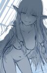  1girl absurdres all_fours backlighting breasts commentary ear_bar earclip elf english_commentary greenhouse greyscale grin hair_tubes hanging_breasts hews highres indoors jitome long_hair looking_at_viewer low-tied_sidelocks monochrome nude open_clothes open_robe parted_lips pointy_ears robe serie_(sousou_no_frieren) sketch smile solo sousou_no_frieren unfinished 