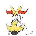 anthro braixen breasts canid canine chest_tuft collar collar_only digital_media_(artwork) featureless_breasts female fluffy fluffy_tail fur generation_6_pokemon inner_ear_fluff looking_at_viewer mammal navel nintendo nude partially_colored pokemon pokemon_(species) red_eyes simple_background smile solo spec_almond_(artist) standing stick tail thick_thighs tuft white_background yellow_body yellow_fur