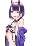  1girl bare_shoulders breasts fate/grand_order fate_(series) horns japanese_clothes kimono looking_at_viewer navel oni open_clothes open_kimono open_mouth pointy_ears purple_eyes purple_hair purple_kimono revealing_clothes short_hair shuten_douji_(fate) simple_background skin-covered_horns small_breasts smile solo takuan_(takuanlunch) upper_body white_background 