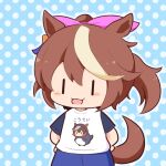  1girl :d animal_ears blue_background blue_shorts blush_stickers brown_hair character_profile chibi clothes_writing gomashio_(goma_feet) hair_between_eyes hair_ribbon hands_on_own_hips horse_ears horse_girl horse_tail multicolored_hair outline pink_ribbon polka_dot polka_dot_background ponytail print_shirt raglan_sleeves ribbon shirt short_sleeves shorts simple_background smile solo streaked_hair symboli_rudolf_(umamusume) tail tokai_teio_(umamusume) translation_request umamusume white_hair white_outline white_shirt |_| 