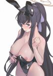  1girl alternate_breast_size alternate_costume animal_ears bare_shoulders black_hair black_leotard blue_archive blush breasts cowboy_shot fake_animal_ears flashing hair_between_eyes hair_ribbon hatahata_(hnuj4272) highleg highleg_leotard highres large_breasts leotard leotard_pull long_hair looking_at_viewer nipple_slip nipples open_mouth playboy_bunny purple_eyes rabbit_ears ribbon simple_background smile solo strapless strapless_leotard ui_(blue_archive) very_long_hair white_background 