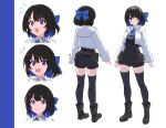  1girl :d :o aroha_j belt_pouch black_footwear black_hair black_thighhighs blue_bow blue_eyes blue_hair bow colored_inner_hair facing_away hair_bow highres multicolored_hair multiple_views pixiv_fantasia pixiv_fantasia_scepter_of_zeraldia pouch reference_sheet shorts smile standing thighhighs 