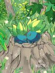  artist_name blue_skin closed_eyes colored_skin commentary_request grass hanabusaoekaki highres leaf no_humans oddish outdoors pokemon pokemon_(creature) tree_stump 