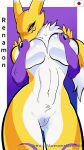 9:16 absurd_res anthro areola armwear aroused awesomemazda04 bandai_namco big_breasts black_areola blush body_hair border breast_squish breasts canid cel_shading chest_tuft clitoris clothing covering covering_breasts crotch_tuft dialogue digimon digimon_(species) ears_up embarrassed english_text eyebrows eyelashes female fur genitals gradient_background gradient_eyes hi_res holding_breast humanoid humanoid_genitalia japan_flag mammal multicolored_body multicolored_fur nationality navel nude orange_eyes pubic_fuzz purple_armwear purple_clothing pussy renamon shaded shadow simple_background solo squish symbol tail text thick_thighs tuft two_tone_body two_tone_fur watermark white_border yellow_body yellow_fur yin_yang