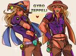  1boy absurdres artist_name blonde_hair chaps character_name commentary cowboy_hat english_commentary facial_hair goggles goggles_on_headwear green_eyes green_lips green_nails gyro_zeppeli hat heart highres holster huyandere jojo_no_kimyou_na_bouken leotard leotard_under_clothes long_hair male_focus male_swimwear polo_shirt purple_leotard purple_skirt signature skirt steel_ball_(jojo) steel_ball_run swim_briefs 